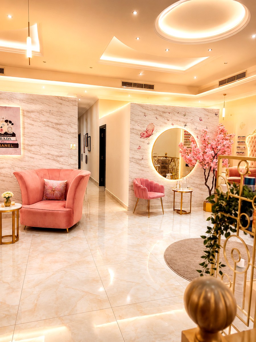 Bella Vie salon interior with plush pink chairs and gold accents