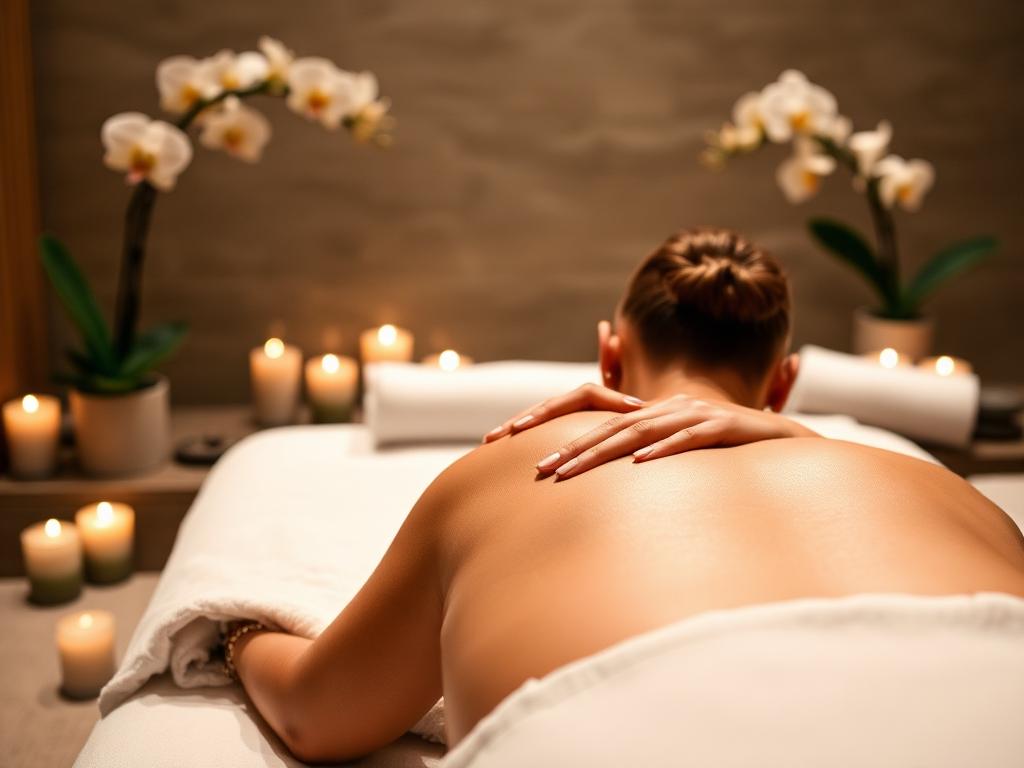 Tranquil massage room with candles and orchids
