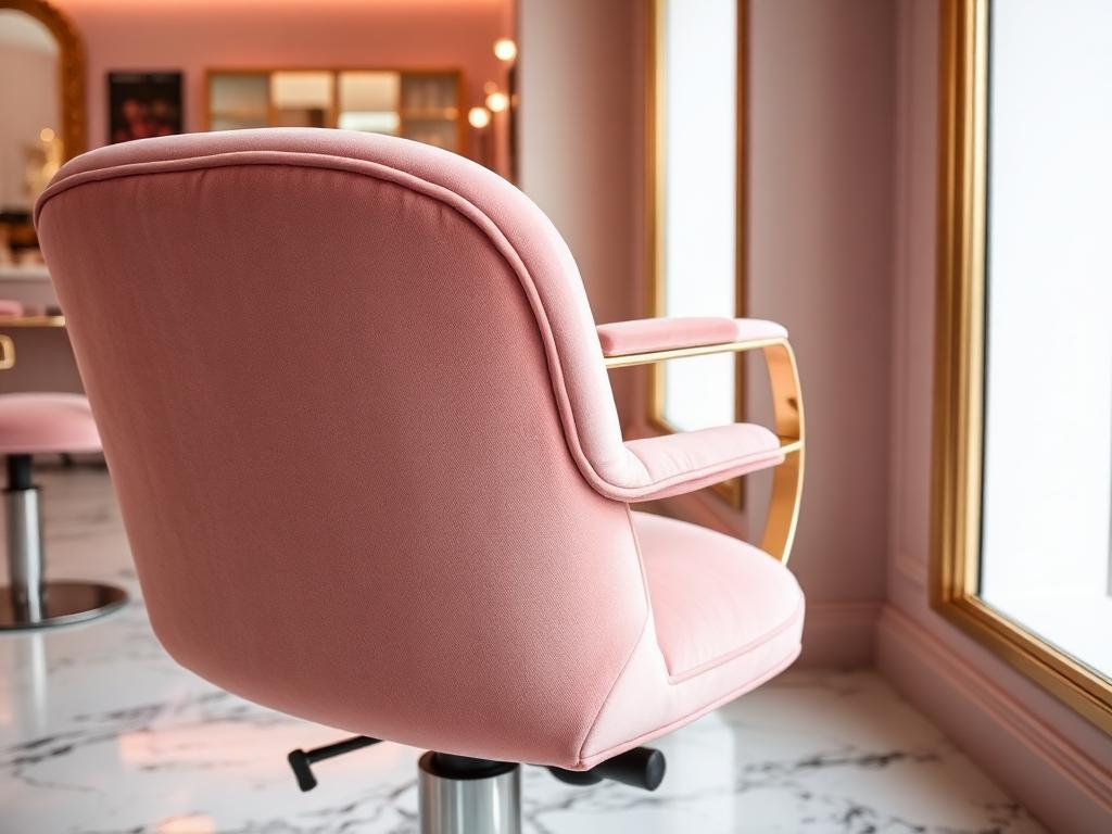 Blush velvet styling chair with gold detail on marble floor