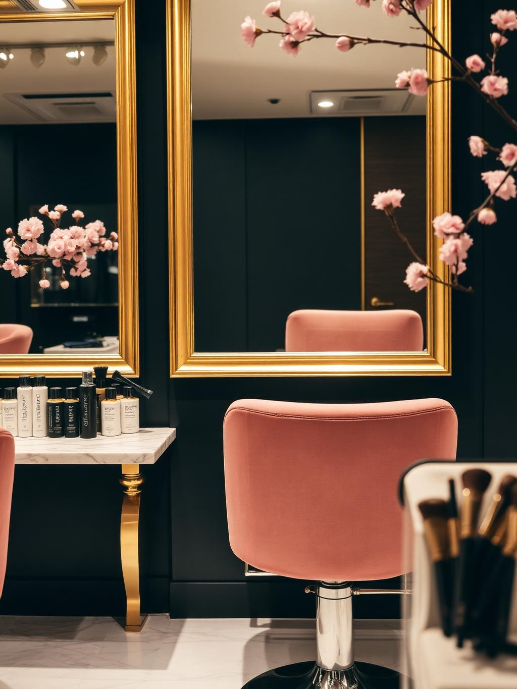 Bella Vie hair colour bar with blush pink chair, gold mirror and cherry blossom accents